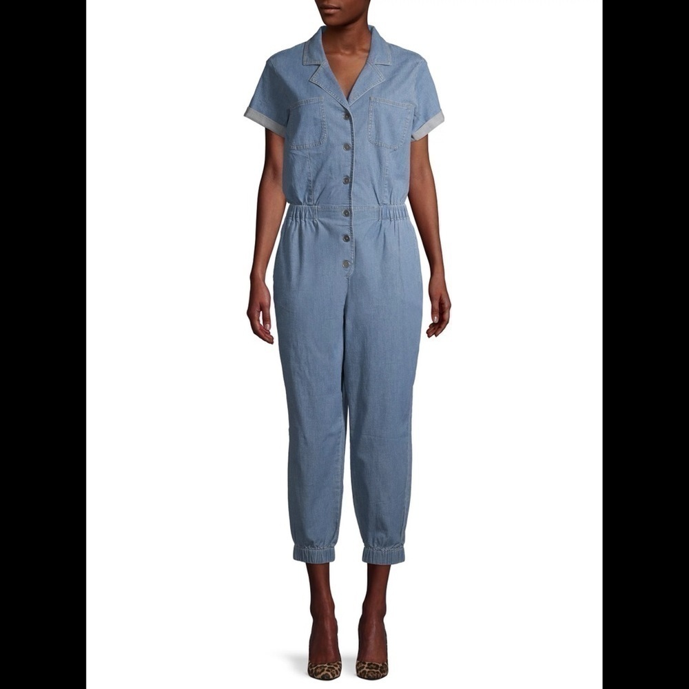 Women’s No Boundaries Chambray Button Up Jumpsuit Jogger With Pockets Size XS